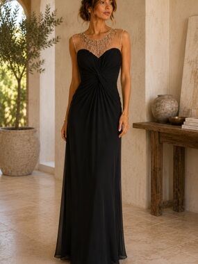 Adrianna Papell Black Beaded Illusion Neck Gown | Size 16 | Formal Evening Dress